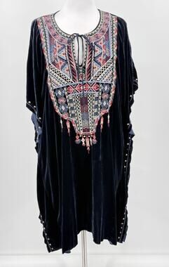 Johnny Was Dress Floral Embroidered Blue Velvet Effortless Kaftan Dress Large